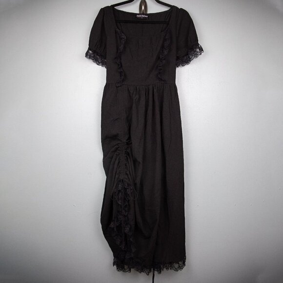 Scarlet Darkness black lace trim drawstring black dress-L - Picture 2 of 8